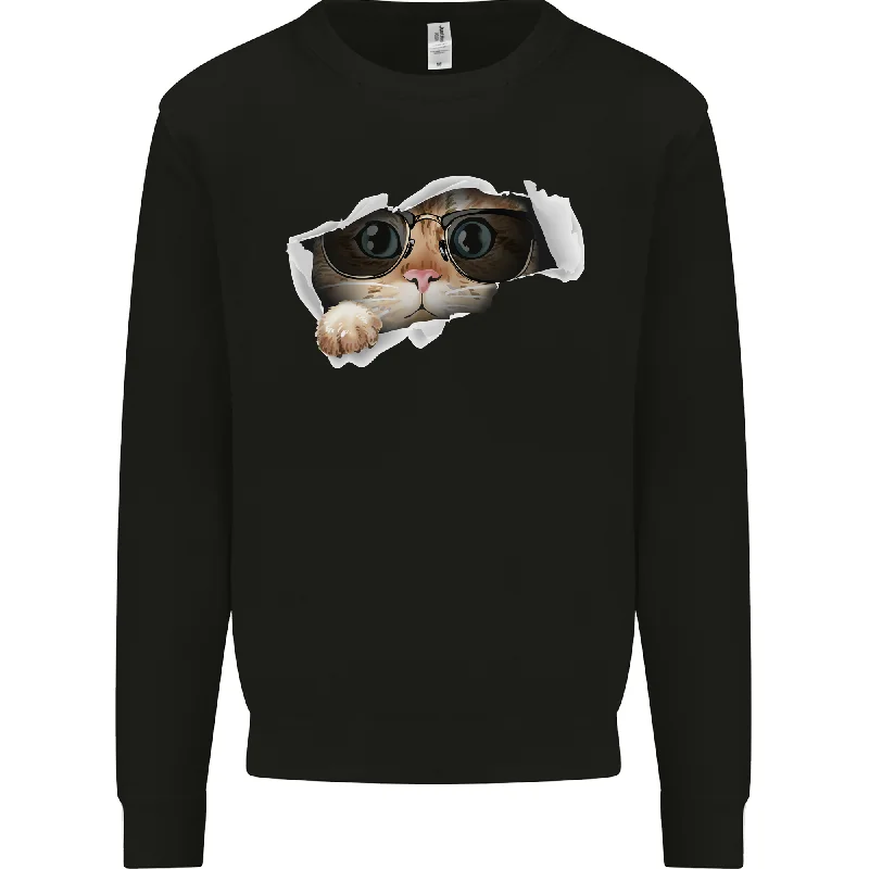 A Funny Cat Peeking From a Ripped Top Mens Sweatshirt Jumper Hoodie with Lace Feminine Delicate