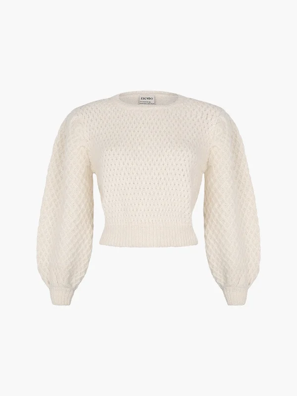 Milagros Sweater | Ivory Graphic Sweater Embroidered Appliqued