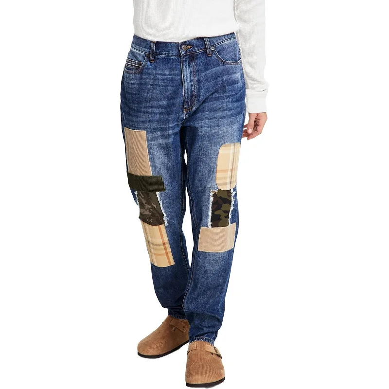 Sun + Stone Mens Loose Fit Patchwork Tapered Leg Jeans Stylish Shredded Denim Jeans