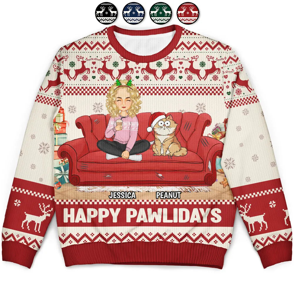 Happy Pawlidays Cartoon Girl - Personalized Unisex Ugly Sweater Collared Crew Neck Turtle Neck