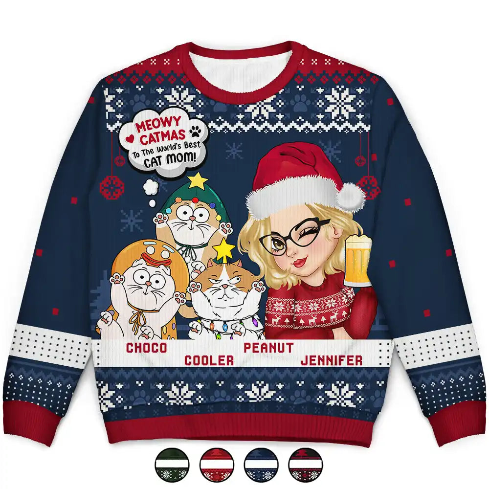 Meowy Catmas To The World's Best Cat Mom - Personalized Unisex Ugly Sweater Zippered Front Buttoned Front Snap Front