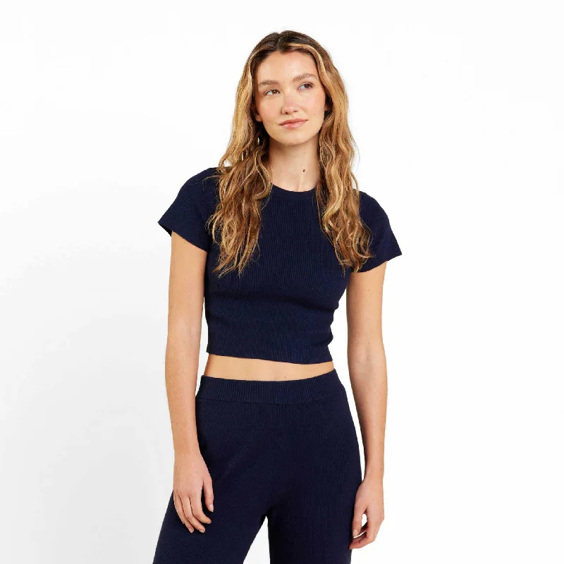 Ribbed Sweater Baby Tee | Navy Tailored Straight A-Line