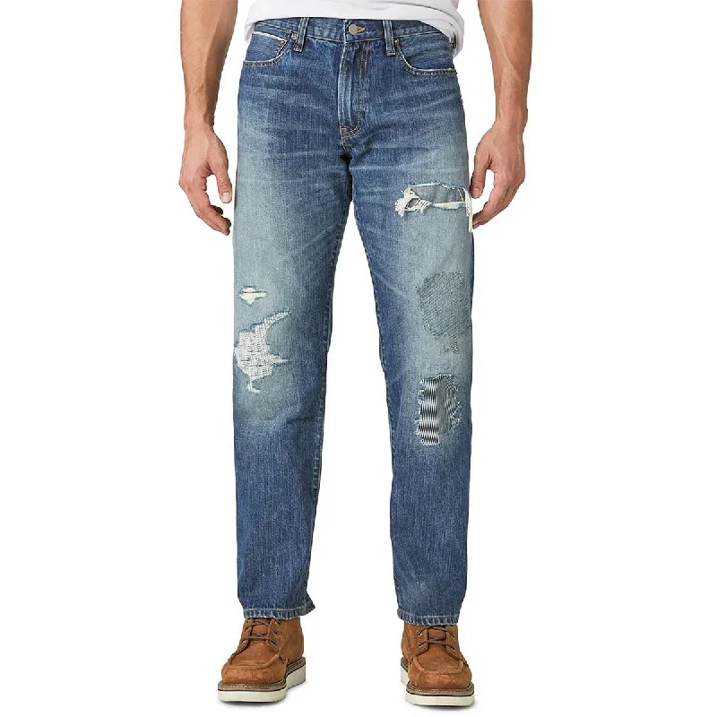 Lucky Legend Mens Destroyed Medium Wash Straight Leg Jeans Casual Wide-Legged Denim Jeans