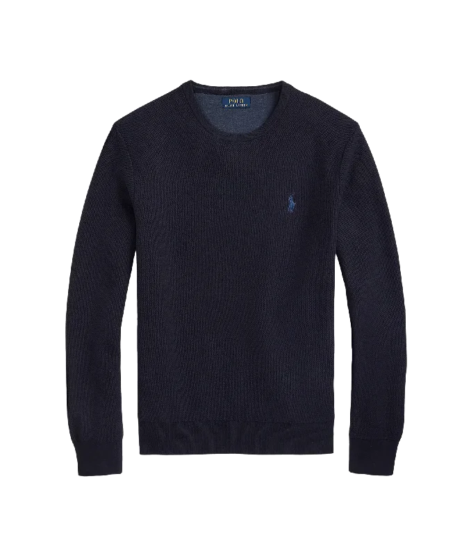 Textured Cotton Crewneck Sweater - Navy Denim Fabric Leather Fabric Suede Fabric