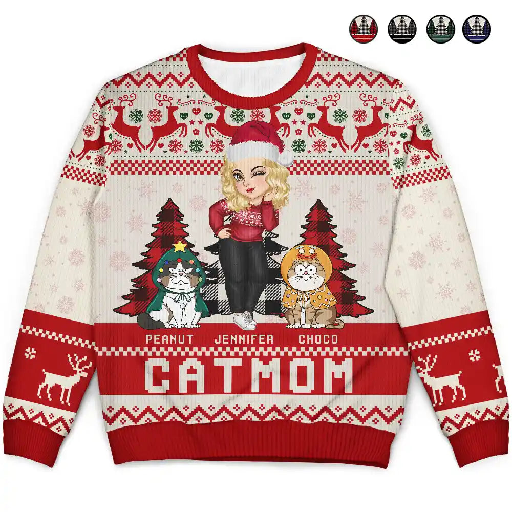 Christmas Cat Mom Funny Cartoon Cats - Personalized Unisex Ugly Sweater Cable Knit Ribbed Knit Lace Knit