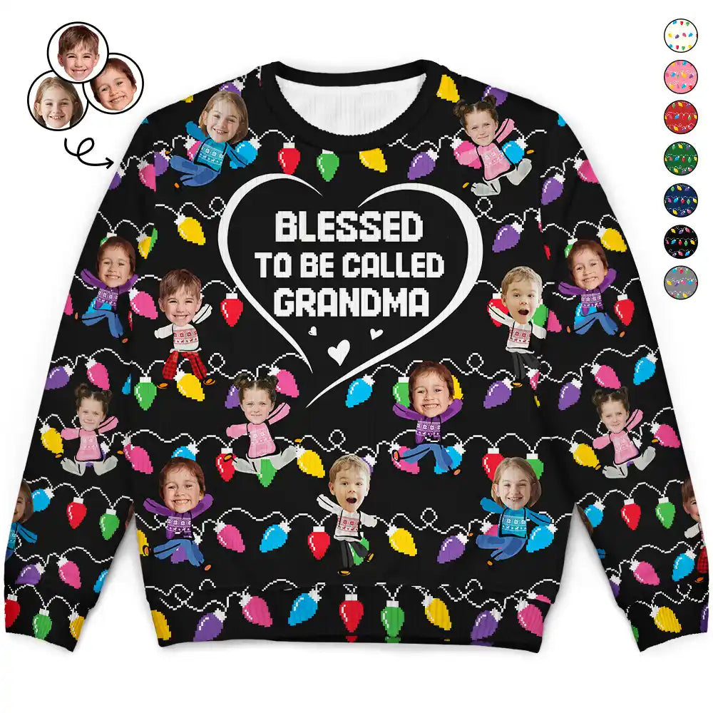 Custom Photo Blessed To Be Called Grandma Nana Mom - Personalized Unisex Ugly Sweater Bright Pastel Dark