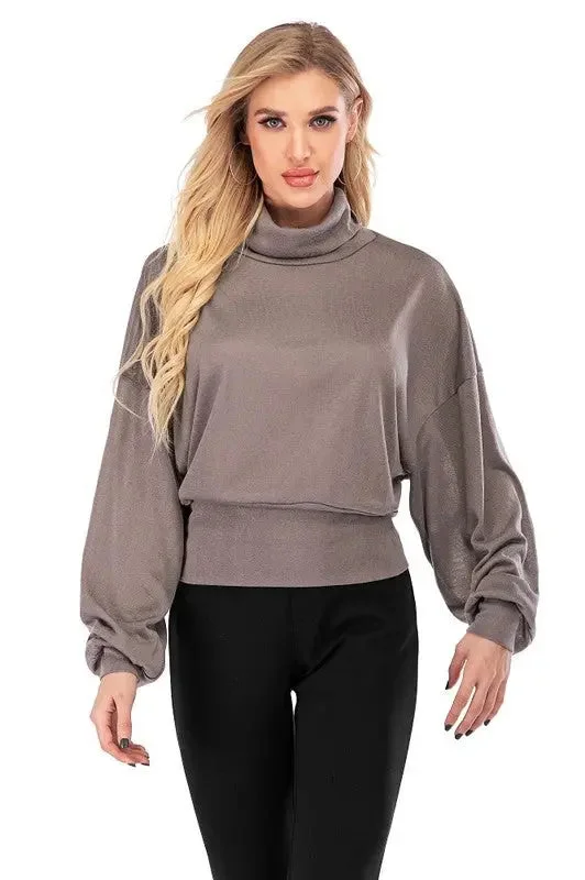 Laura High-Neck Hip-Hugger Balloon Sleeve Sweater Hooded Caped Shawl Collar