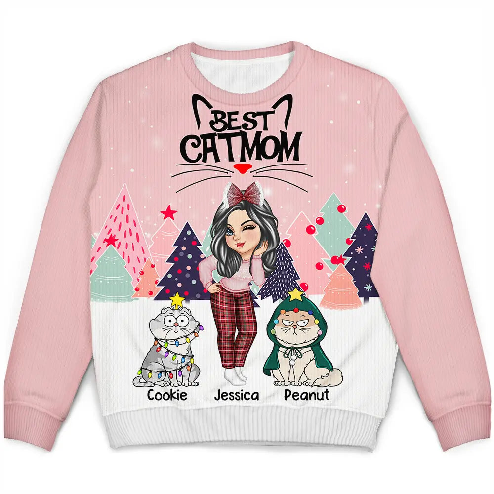 Christmas Best Cat Mom Funny Cartoon Cats - Personalized Unisex Ugly Sweater Plaid Sweater Polka Dot Checkered