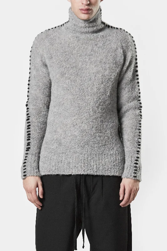 Scars-stitch alpaca knit high neck sweater, Grey Chenille Fabric Brocade Fabric Lace Fabric