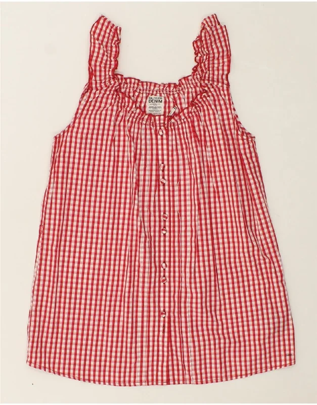 TOMMY HILFIGER Womens Sleeveless Shirt Blouse UK 14 Large Red Check Cotton Embellished Collar Blouse TOMMY HILFIGER Womens Sleeveless Shirt Blouse UK 14 Large Red Check Cotton Embellished Collar Blouse