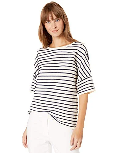 Anne Klein Women's Short Sleeve Striped Sweater TOP, Anne White/Eclipse, L Solid Color Striped Floral Print