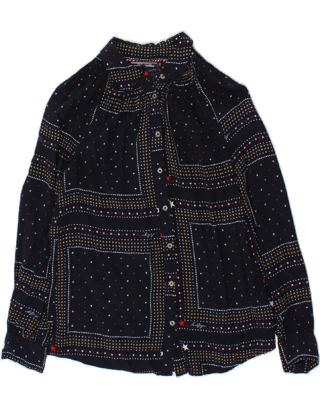 TOMMY HILFIGER Womens Abstract Pattern Shirt Blouse US 8 Medium Navy Blue Delicate Bow Blouse TOMMY HILFIGER Womens Abstract Pattern Shirt Blouse US 8 Medium Navy Blue Delicate Bow Blouse