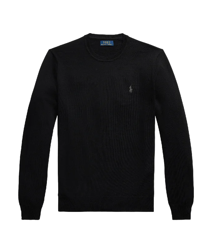 Slim Fit Washable Wool Crewneck Sweater - Black Terry Terry Cloth Terry Knit