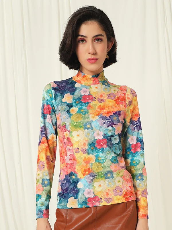 TANDUL  Women Floral Print High Neck Multicolor Sweater Spandex Rayon Corduroy