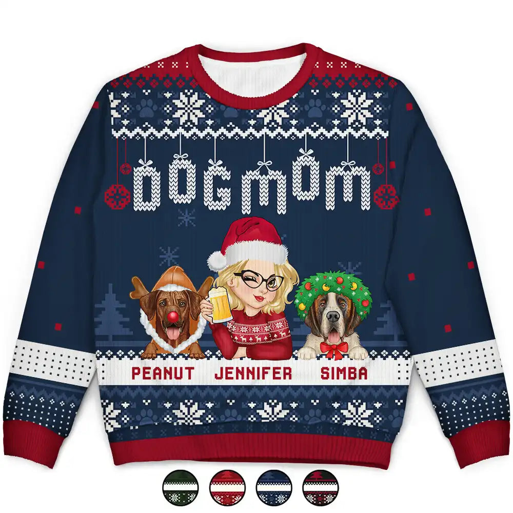 Christmas Dog Mom Mum - Personalized Unisex Ugly Sweater Knit Fabric Woven Fabric Fleece Fabric