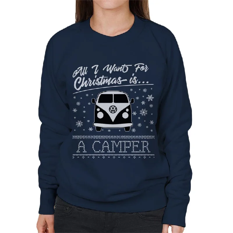 Volkswagen Christmas All I Want For Xmas Is A Camper Women's Sweatshirt Hoodie with Rolled Sleeves Casual Relaxed