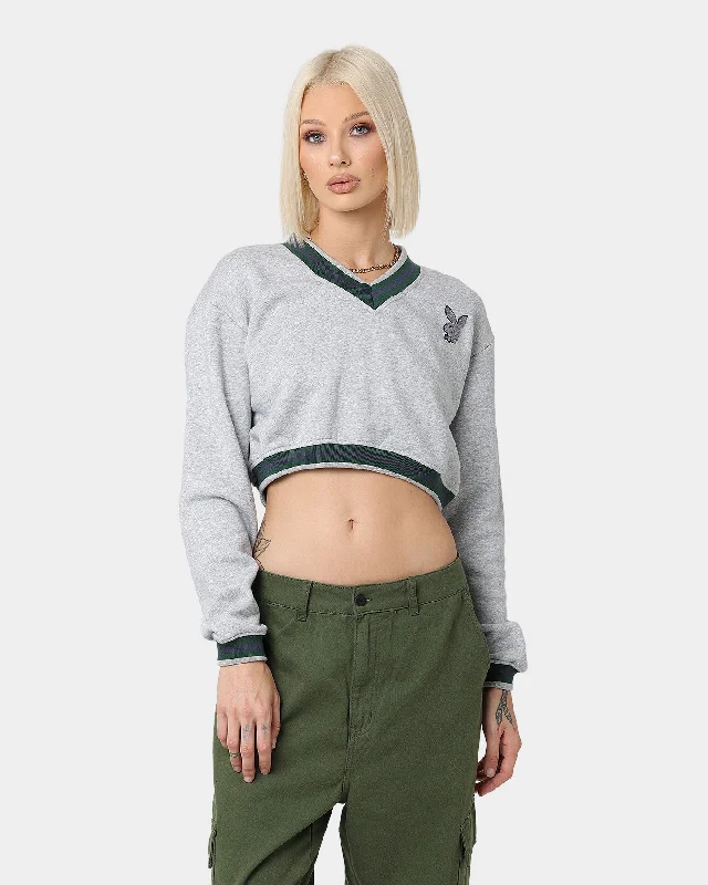 Playboy Women's Track Club Sweater Grey Marle Houndstooth Herringbone Solid