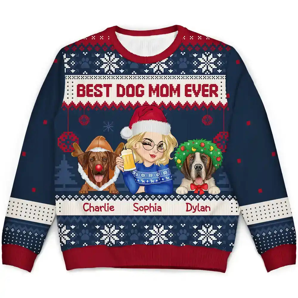 Christmas Best Dog Mom Ever - Personalized Unisex Ugly Sweater Lightweight Heavyweight Midweight