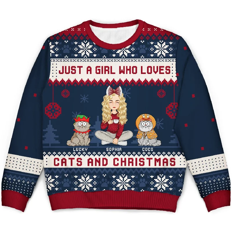 Just A Girl Who Loves Cats And Christmas Cartoon Style - Gift For Cat Moms, Cat Lovers - Personalized Unisex Ugly Sweater Open Front Closed Front Wrap Front