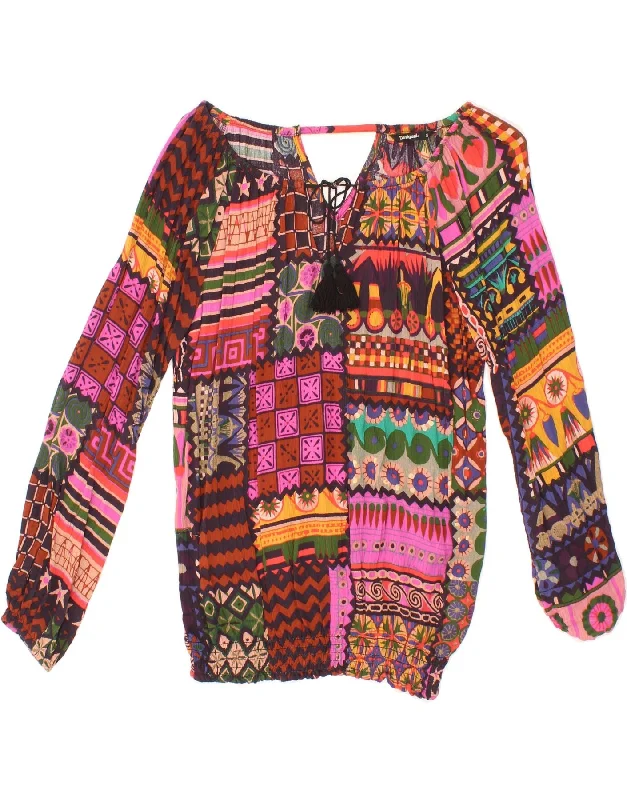 DESIGUAL Womens Long Sleeve Blouse Top UK 10 Small Multicoloured Patchwork Semi-Sheer Blouse DESIGUAL Womens Long Sleeve Blouse Top UK 10 Small Multicoloured Patchwork Semi-Sheer Blouse