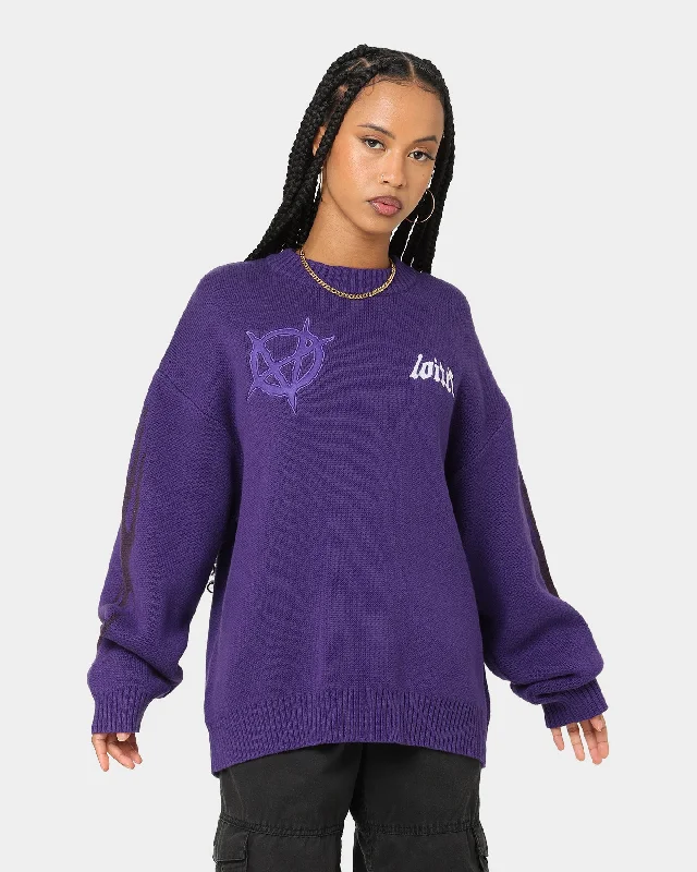 Loiter Void Knit Sweater Purple Denim Fabric Leather Fabric Suede Fabric