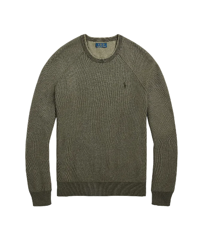 Textured Cotton Crewneck Sweater - Green Iron Safe Non-Iron Wrinkle Free