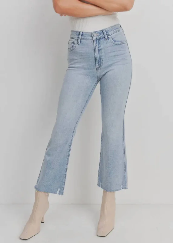 High Rise Crop Flare With Distressed Hem Jean In Light Denim Fashionable Straight Cut Jeans