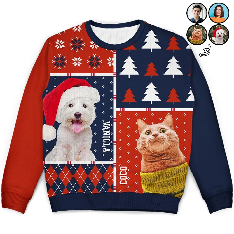 Custom Photo Family Dog Cat - Christmas Gift For Pet Lovers, Men, Women - Personalized Unisex Ugly Sweater Cotton Fabric Linen Fabric Terry Fabric