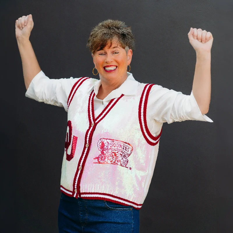 Queen of Sparkles: Licensed White Crimson OU Full Sequin Button Up Sweater Vest Sweater Knitwear Pullover