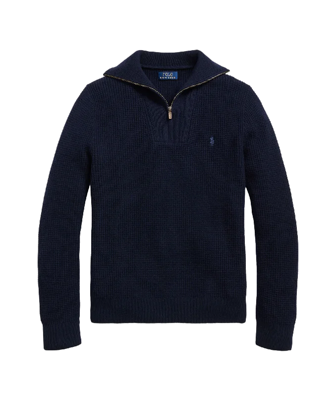 Waffle Wool-cotton Quarter-zip Sweater - Navy Soft Cozy Warm