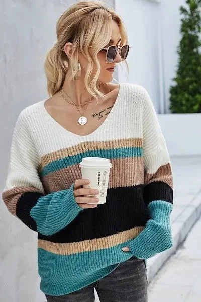 Julia Striped Slouch V-Neck Sweater Stylish Fashionable Trendy