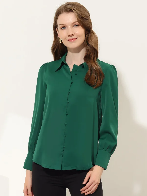 Work Office Blouse Point Collar Long Sleeve Solid Button Down Shirt Embellished Collar Blouse