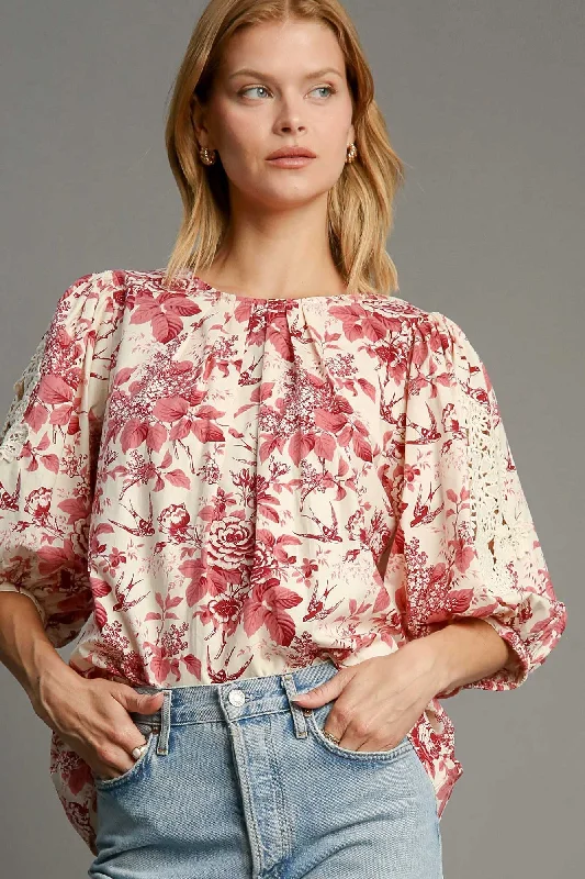 Umgee Floral Pleated Detail Lace Trim Sleeve Blouse Casual Relaxed Blouse