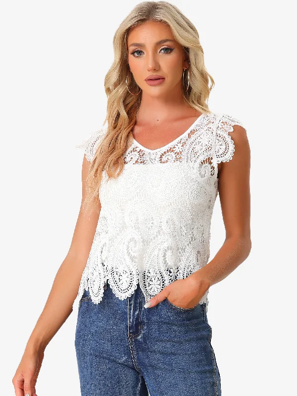 Paisley Lace Sheer Crochet Summer Boho Cropped Blouse Embellished Collar Blouse