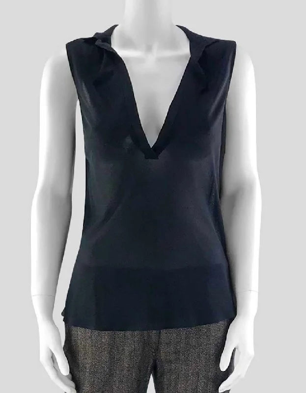 Jil Sander Women's Deep V Black Sleeveless Blouse - 36 IT | 6 US Collared Satin Blouse