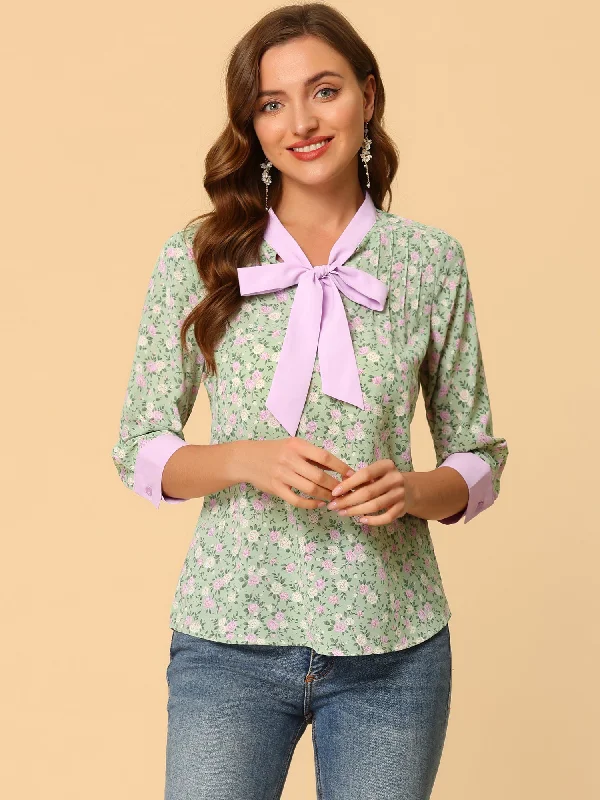 Floral Tops Bow Tie V Neck Contrast Trim 3/4 Sleeve Vintage Blouse Casual Button Blouse