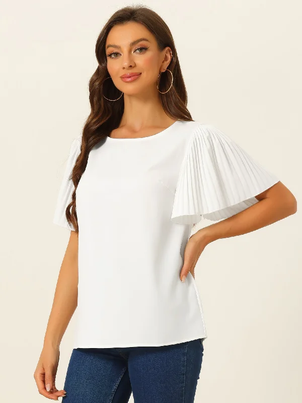 Flutter Sleeve Solid Round Neck Short Sleeve Blouse Embroidered Cotton Blouse