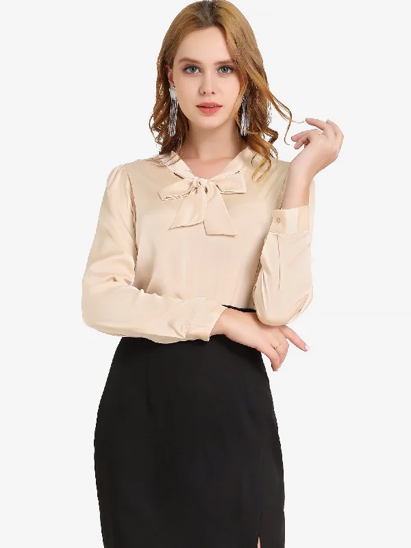 Satin Work Office Blouse Tie Neck Business Casual Top Feminine Pastel Blouse