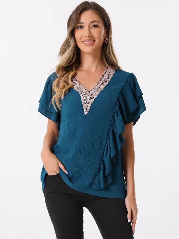 Ruffle Short Sleeve V Neck Boho Casual Blouse Elegant Office Blouse