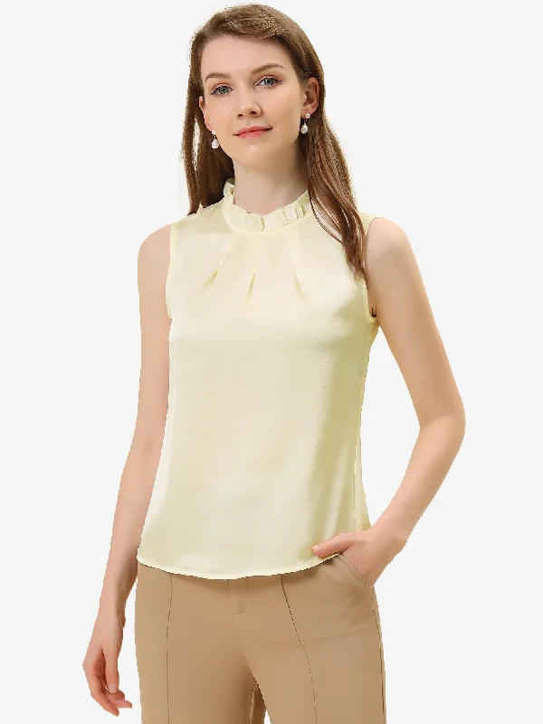 Sleeveless Blouse Mock Neck Ruffles Elegant Satin Work Tops Slim Fit Blouse