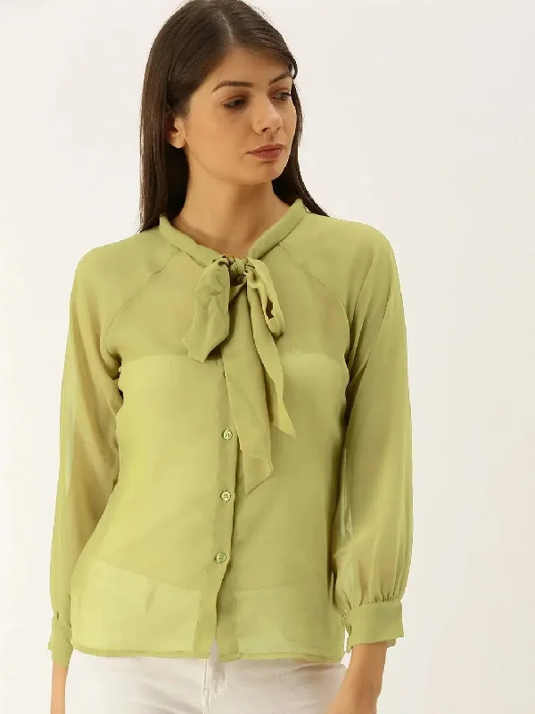 Tie up collar shirt blouse in Olive Green Playful Puff Blouse