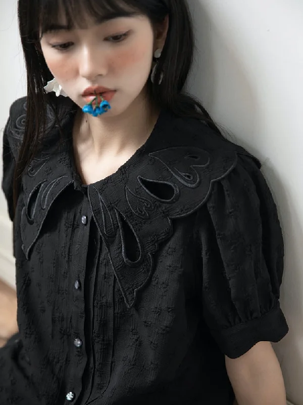 Embroidered Butterfly Lapel Blouse【s0000001736】 Balloon Sleeve Blouse