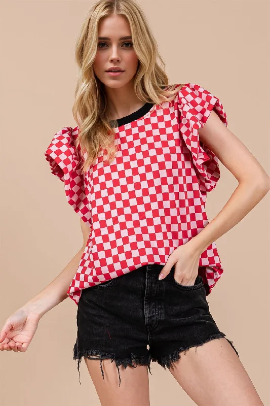 Oh Checkered Round Neck Puff Sleeve Blouse Sleeveless Summer Blouse