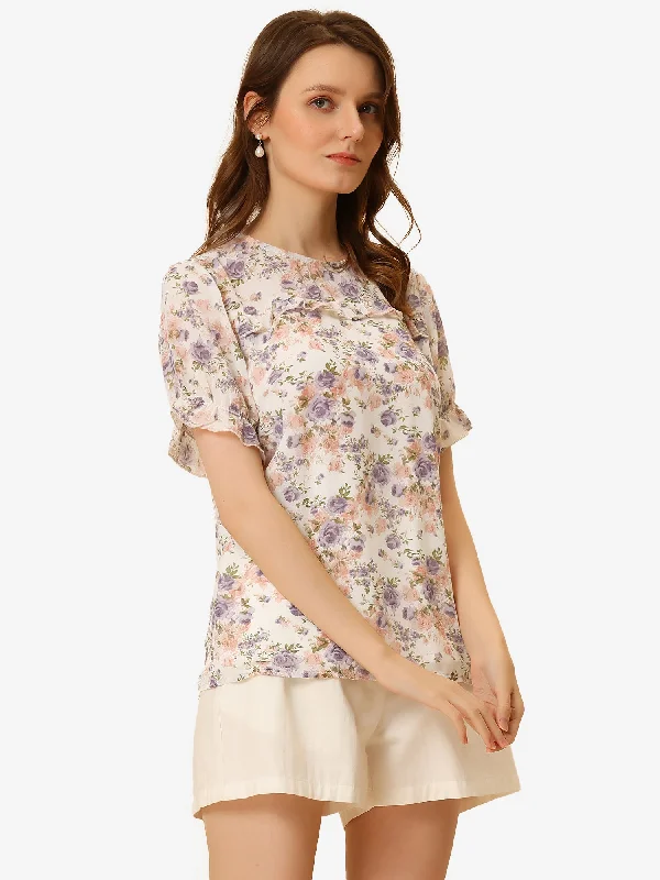 Chiffon Short Sleeve Ruffled Trim Floral Blouse Top Soft Modal Blouse