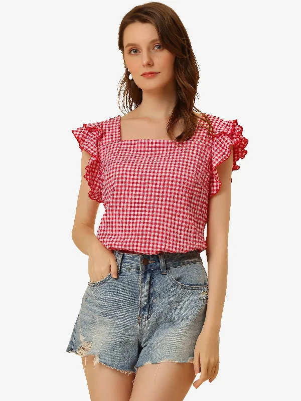 Summer Gingham Tops Square Neck Ruffle Cap Sleeve Blouse Feminine Ruffle Blouse