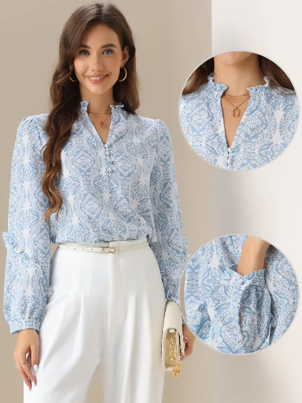 Ruffled Long Sleeve Boho Print Blouses Top Floral Chiffon Blouse