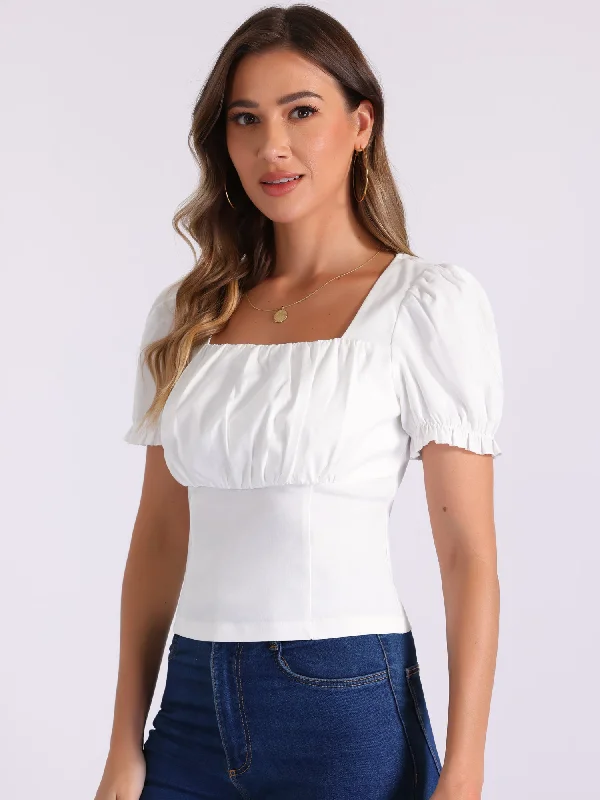 Square Neck Ruched Puff Sleeve Cropped Blouse Double Button Blouse