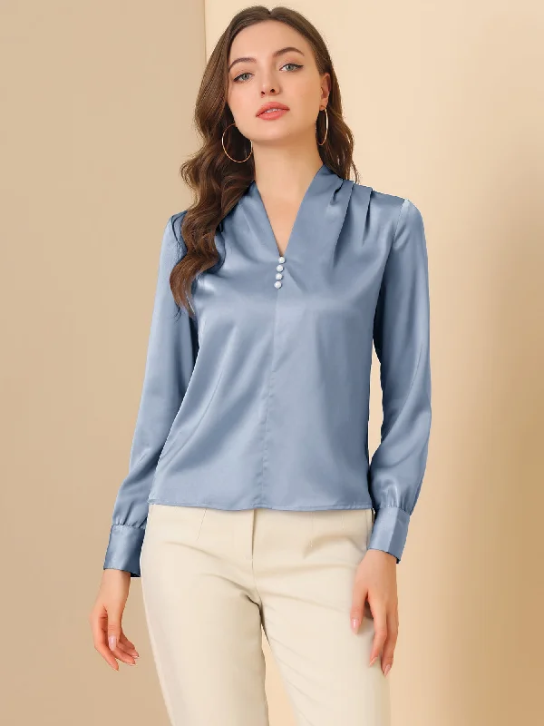 V Neck Decor Beaded Long Sleeve Office Pleated Satin Blouse Top Pleated Collar Blouse