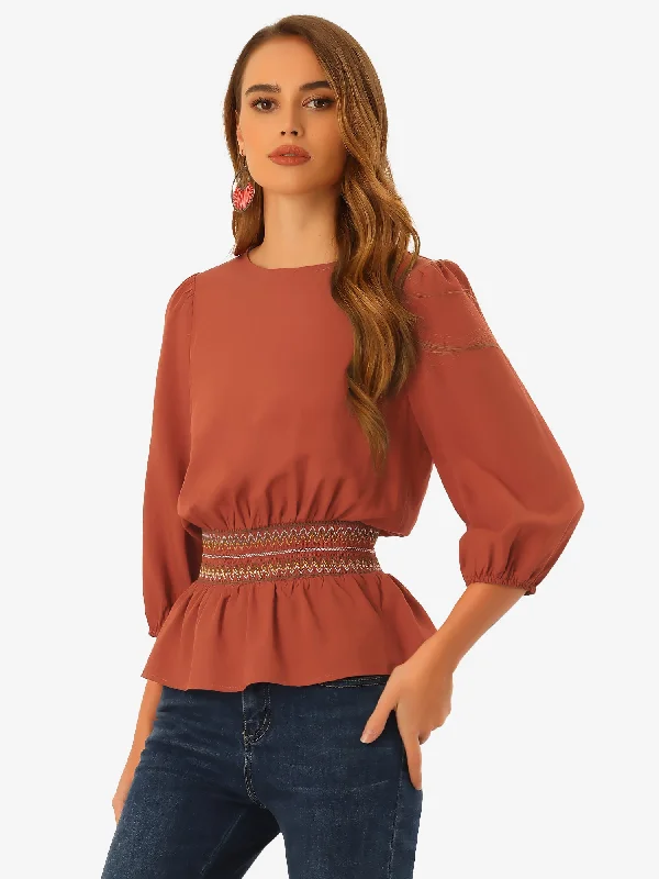 Peplum Top 3/4 Sleeve Smocked Waist Blouse Textured Cotton Blouse