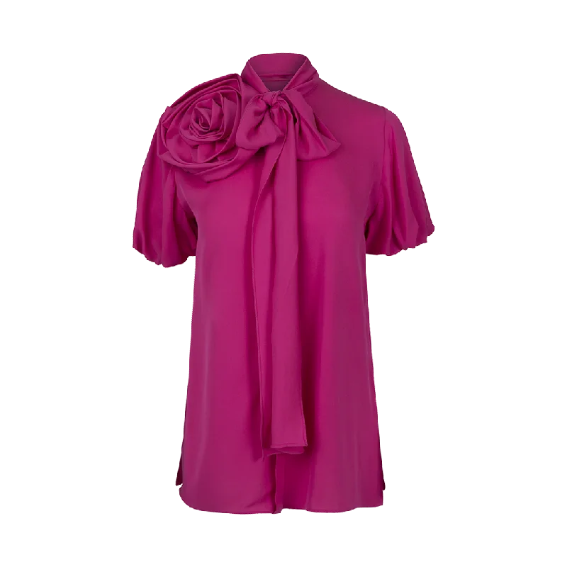 Rose-Detailed Silk Blouse Asymmetric Hem Blouse